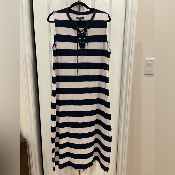 CHAPS Women Dress XL Blue & White Stripe Sleeveless Nautical Lace Up Side Slit - Picture 7 of 7